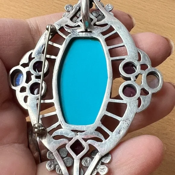 HUGE VINTAGE TURQUOISE AMETHYST GARNET MOONSTONE PENDANT PIN BROOCH 925STERLING